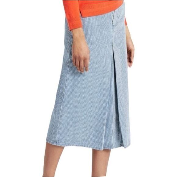 Boden Size 6 Mira Denim Jean Blue Ticking Stripe Pinstripe Pleated Midi Skirt - Picture 2 of 7